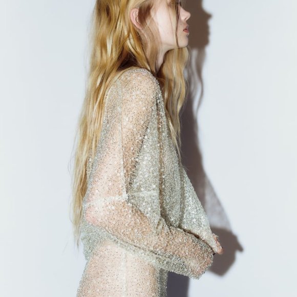 NWT GOLD BEADS AND SEQUINS SEMI SHEER TOP - Picture 3 of 9